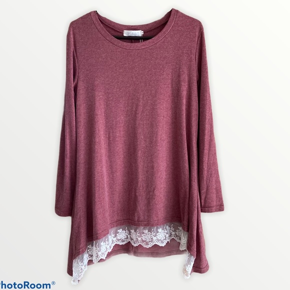 Scoop Neck Rose Lace Trim Long Sleeve Tunic Top - Picture 4 of 7